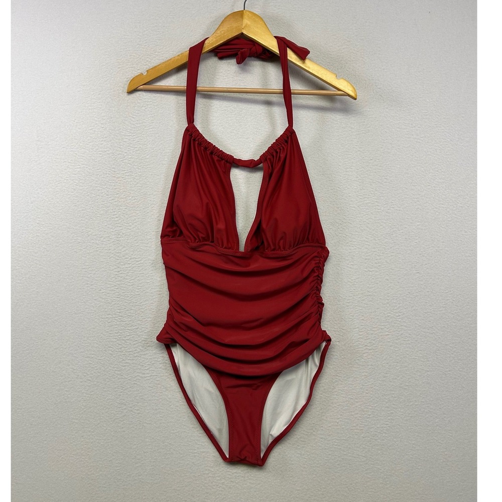 Retro Pinup Cupshe Womens M Red Ruched Halter Deep V-Neck One Piece Swimsuit